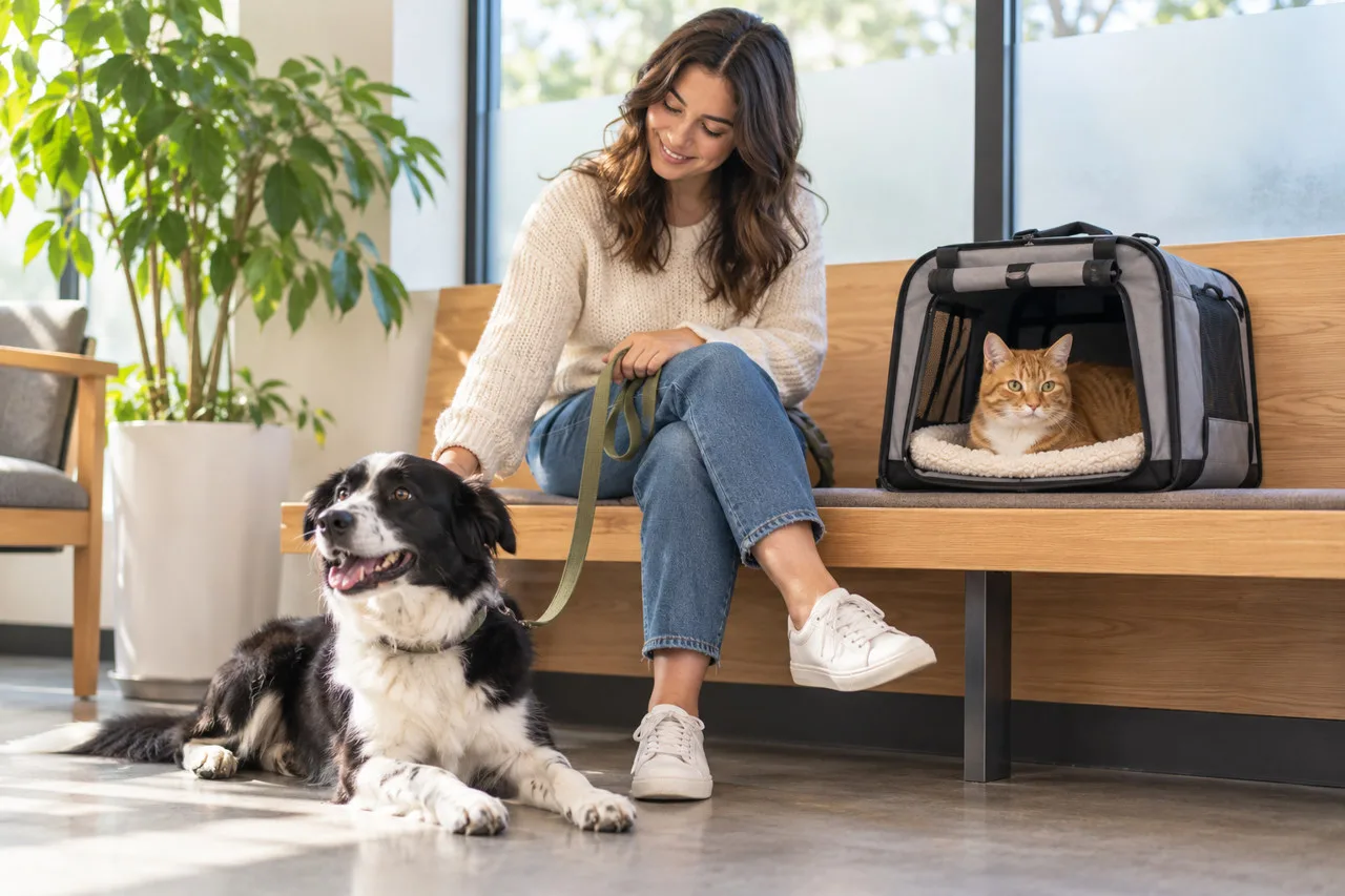 Owner in a waiting room with a dog and a cat carrier